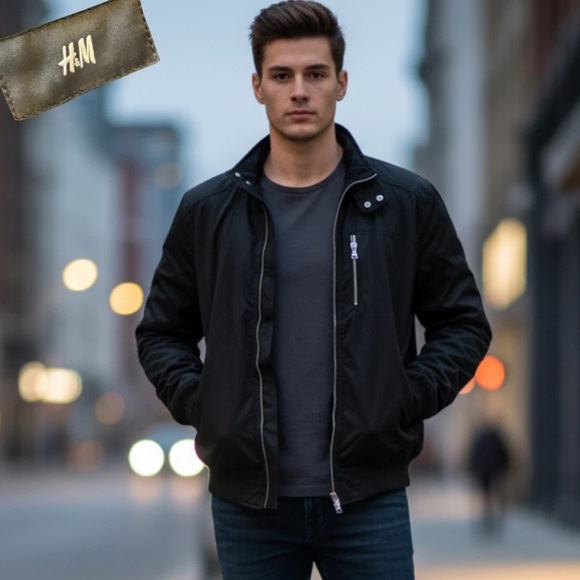 H&M Other - H&M Men's Black Smooth Bomber Jacket 40R Full Zip Pockets Stand Collar